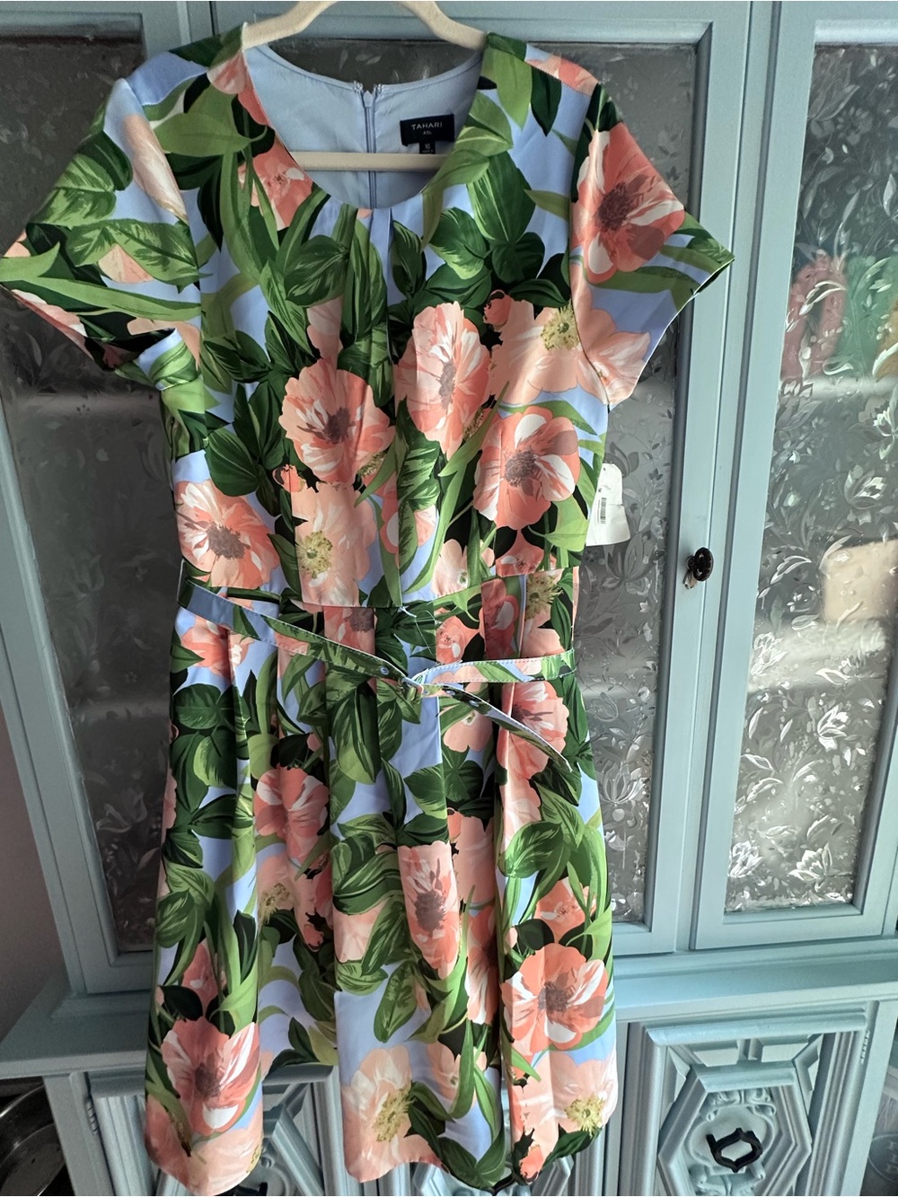 Tahari ASL Peach Floral Fit-and-Flare Dress with Green Leaves on Blue